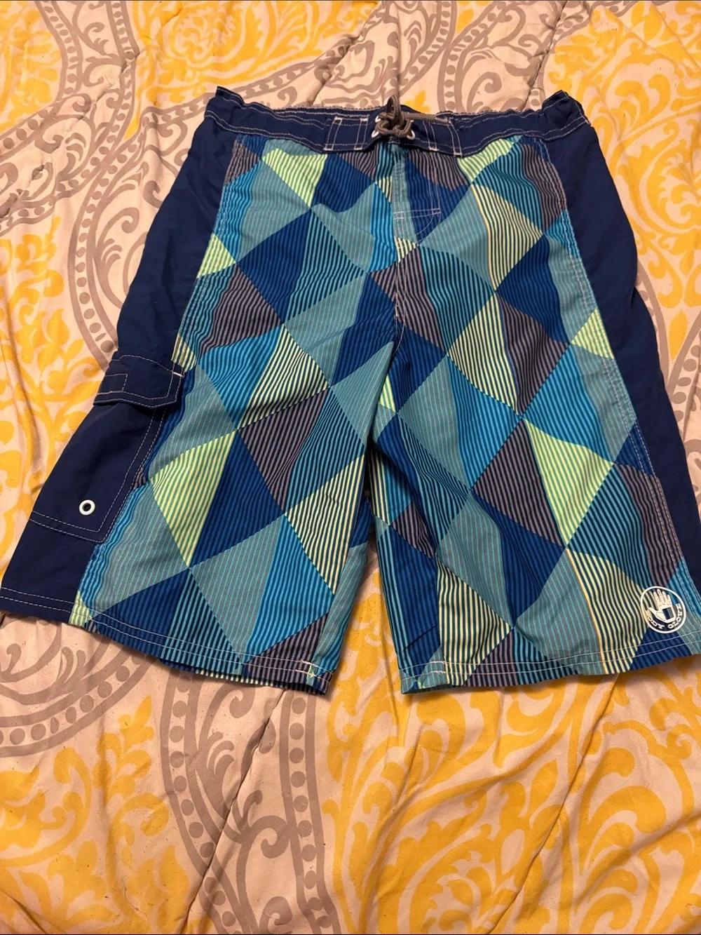 Boys Blue Geometric Swim Trunks